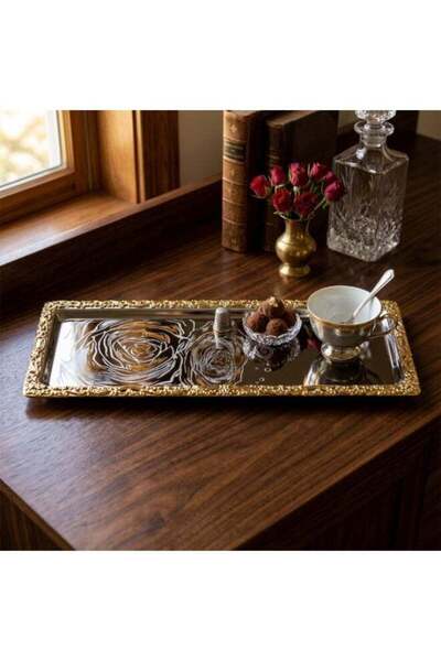 SOLETER Chrome Plated Rectangular Serving Tray Silver & Gold 39x15x5cm – High-Quality Stainless Steel Tray with Ornate Gold Decorative Border & Engraved Rose Pattern, Premium Home Décor