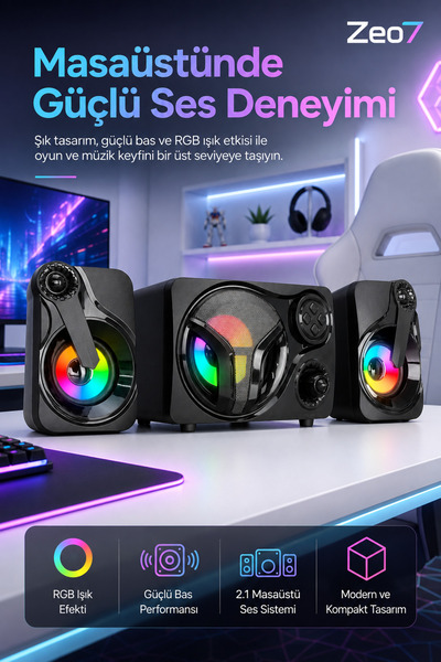 Zeo7 2.1 Bilgisayar Bluetooth Hoparlör LED Işıklı USB TF Kart AUX FM Radyo De...