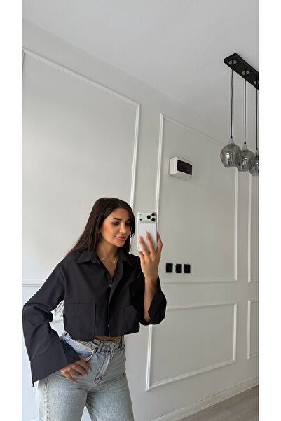 Daves Siyah Çift Cepli Kısa Boy Oversize Gömlek