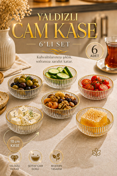 Porsima 13877-1 Vanes 6'lı Yaldızlı Floren Cam Sunum Kasesi 10 cm – Gold Kena...