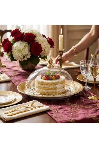 SOLETER Cake Serving Plate 36cm Transparent/Gold - Round Luxury Acrylic Tray ...
