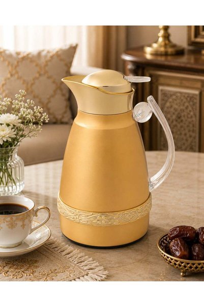 SOLETER قارورة فراغية ذهبية سعة 1 لتر - ترمس معزول بجدار مزدوج مع غطاء بزر ضغ...