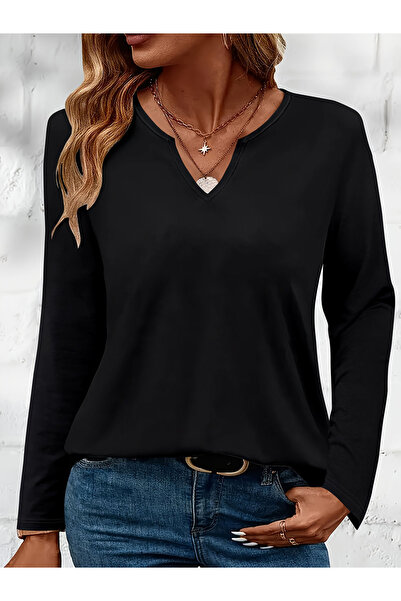 Deocept Unprinted Cotton Half V-Neck Long Sleeve Blouse T-Shirt