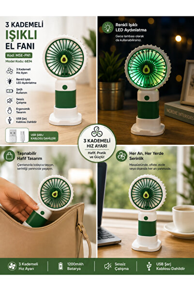 Erzi 3 Kademeli Işıklı Şarjlı El Fanı Telefon Tutuculu Masaüstü Mini Fan