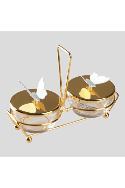 SOLETER Butterfly Dates Bowl Set – Gold Metal Stand with 2 x 9 cm Ceramic Bow...