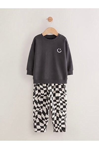 Magu Children's Smiley Printed Anthracite Sweatshirt and Checkerboard Pattern...
