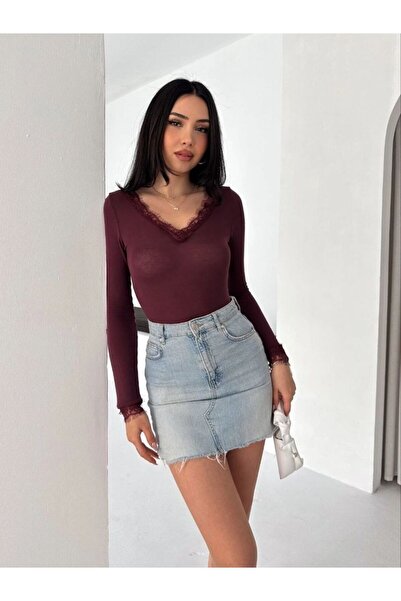 VELİZADE Women's V-Neck Collar Lace Detailed Soft Cashmere Textured Long Slee...