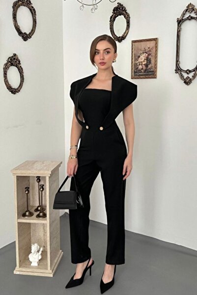 SEREMONİ BUTİK Black Double-Breasted Jumpsuit