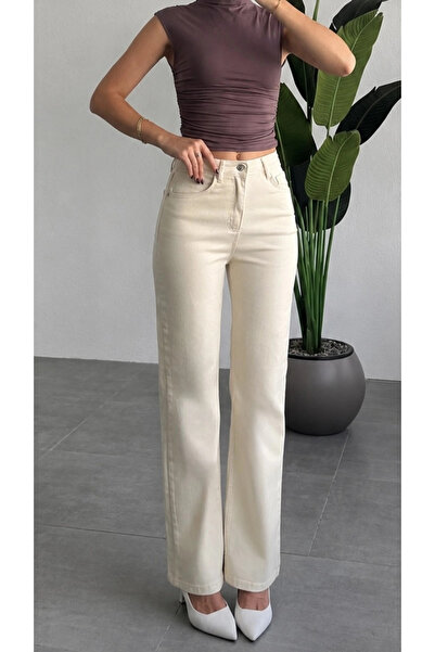 Kadın Krem Yüksek Bel Wide Leg Düz Kesim Denim Pantolon Bol Paça Kot Pantolon