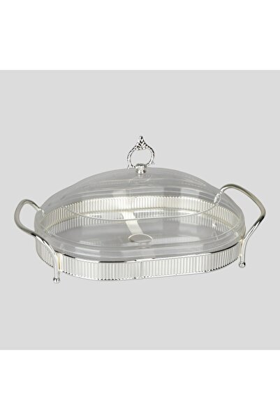 SOLETER Oval Serving Dish with Lid Silver 34x24cm - Tray with Clear Acrylic D...
