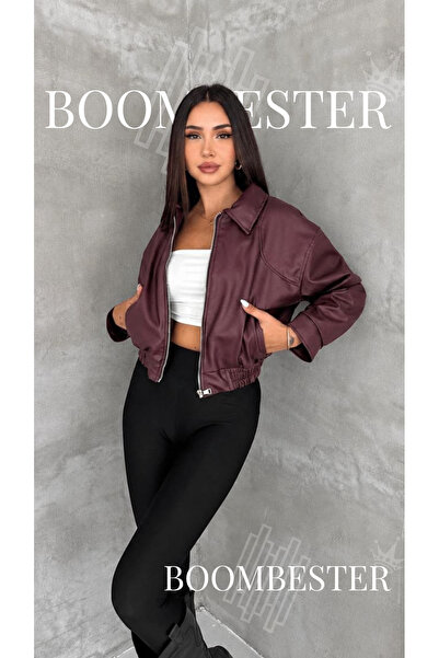 BoomBester Women's Faux Leather Short Coat with Zipper, Shirt Collar and Elas...