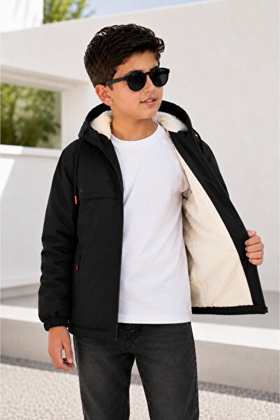 Boymen Children's Fur-Lined Winter Coat Black Hooded Zippered Casual Coat Warm Coat.