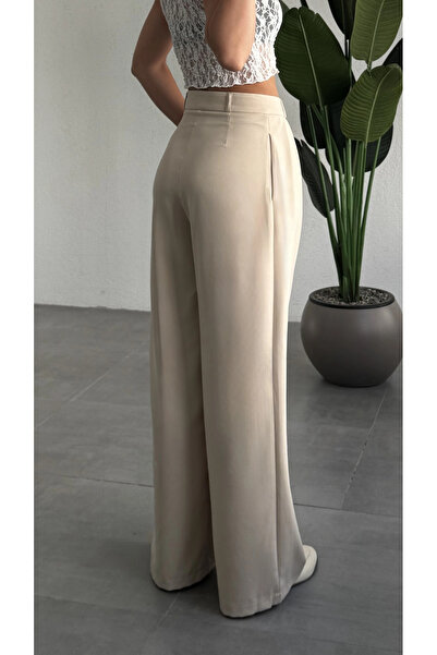 asfamoda Women's Cream Pleated High Waist Wide Leg Extra Loose Palazzo Fabric Trousers