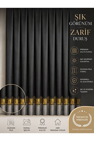 Carrlline Fon Perde Black Out Siyah Gri Gold Detaylı Modern Dekoratif Fon Perde