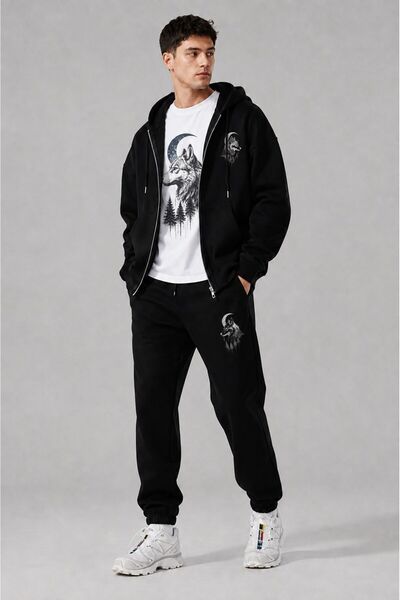 Joetsu Men's Printed Oversize Zipper Hooded Sweatshirt, Crew Neck T-Shirt and...