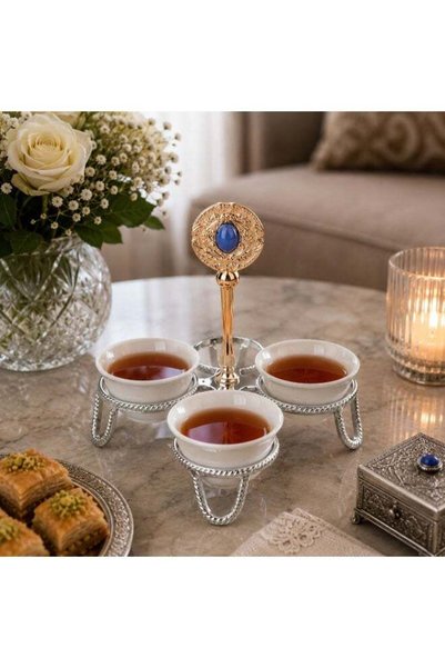 SOLETER Cup Holder 13cm Silver/Gold/Blue - 3-Cup Metal Stand with Decorative ...