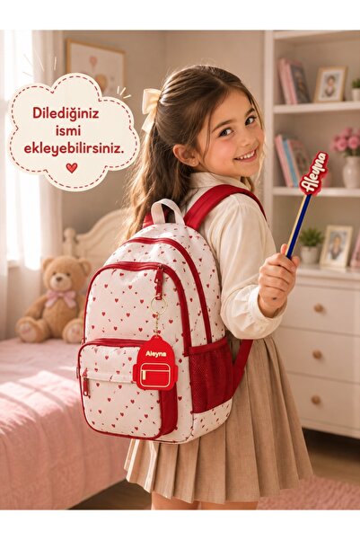 Omegan Kişiye Özel İsimli Kırmızı Okul Seti – Kalem Süsü & Çanta Anahtarlığı
