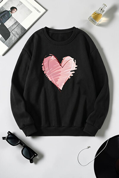 uyguntarz Unisex Heart Printed Crew Neck Sweatshirt