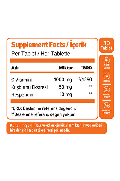 Naturalnest Vitamin C 1000 mg 30 Tablet - Kuşburnu Ekstresi, Hesperidin