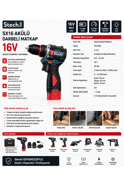 StechEnd sx16 2*2.0 ah akülü matkap 16V SX16-16V