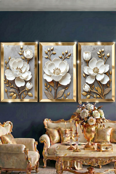 Luna Concept Gold Çerceveli Beyaz Çicek Tablo Seti Ayna Pleksili Oda Dekorasyonu