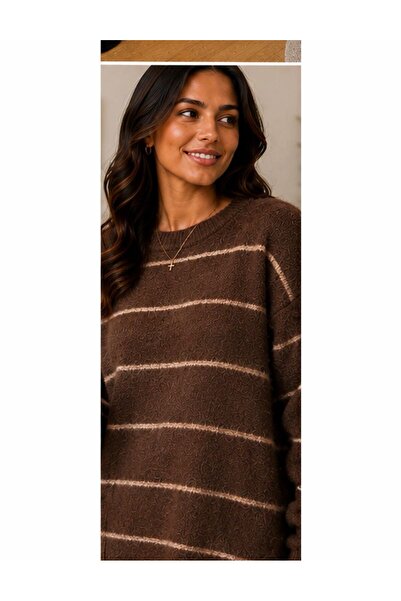 HIRA CO. Women's Crew Neck Fuzzy Ribbed Striped Front Knitwear Tunic – Soft T...