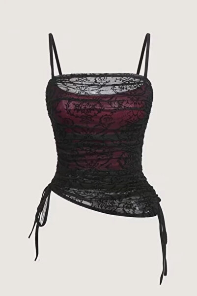 8line Bordo Transparan Dantelli Desenli Gotik Y2K Askılı Crop