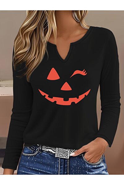 Deocept Halloween Printed Cotton Half V-Neck Long Sleeve Blouse T-Shirt