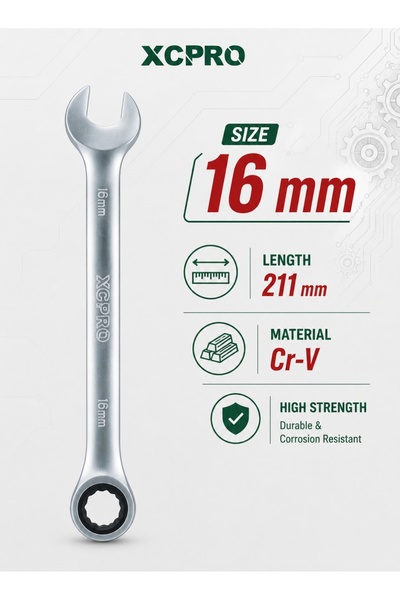 XCPRO مفتاح راتشيت، مفتاح ربط راتشيت، مفتاح CRV - مقاس 16 مم، طول 211 مم، مطل...