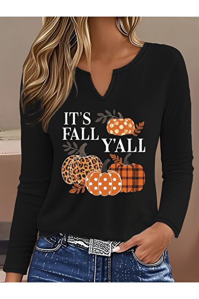 Deocept Autumn Printed Cotton Half V-Neck Long Sleeve Blouse T-Shirt