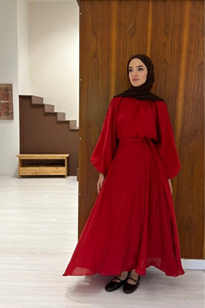fayaboutique.com Dalgalı Şifon Kumaş Kırmızı Balon Kol Takım