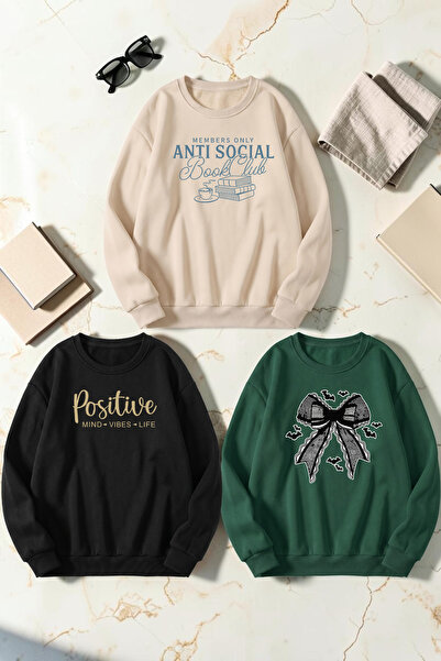 uyguntarz Unisex Mixed Printed Crew Neck Sweatshirt Set – Pack of 3