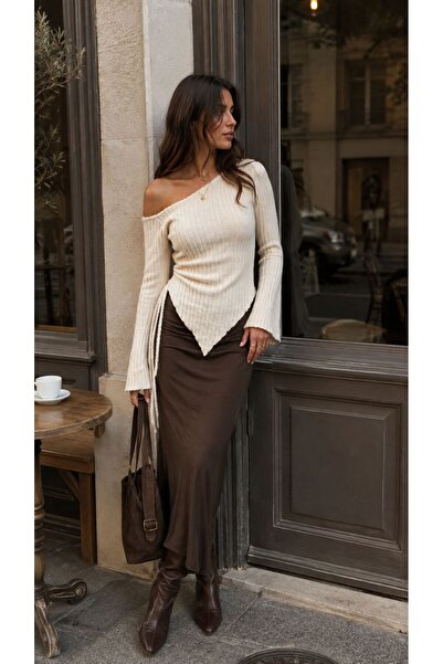 soBasic Ribbed Asymmetric Collar Side Tie Long Sleeve Knitwear Blouse