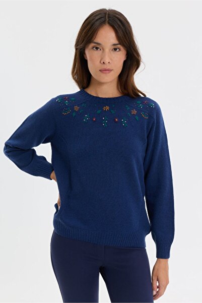 Desen Triko Women's Crew Neck Side Ribbed Knit Wool Sweater Indigo