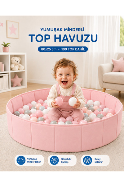 Genel Markalar Yumuşak Tabanlı Top Havuzu 80×25 cm – 100 Toplu Yumuşak Minder...