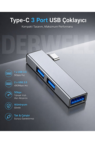 Derwell Type-C USB Hub Çoklayıcı 3 Portlu Çevirici Adaptör | Alüminyum Kasa |...