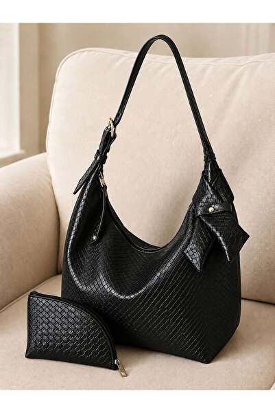 Katusa Women's Black Basket-Patterned Bow Detailed Wallet Shoulder Bag