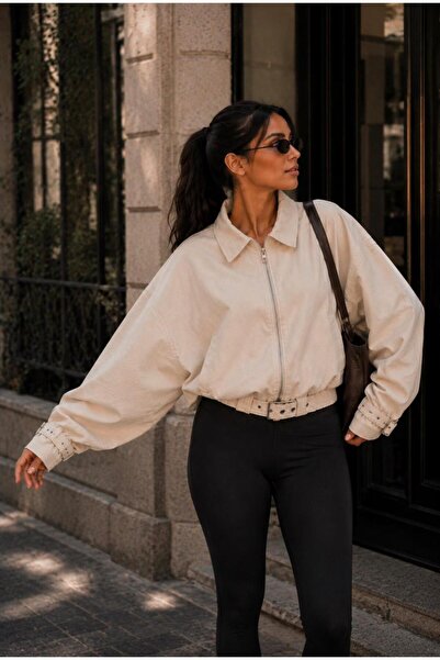ON6STORE16 Kadın Ekru Pamuklu Gabardin Mevsimlik Oversize Basic Bomber Yarasa...