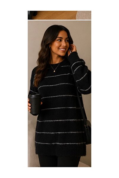 HIRA CO. Women's Crew Neck Fuzzy Ribbed Striped Front Knitwear Tunic – Soft T...
