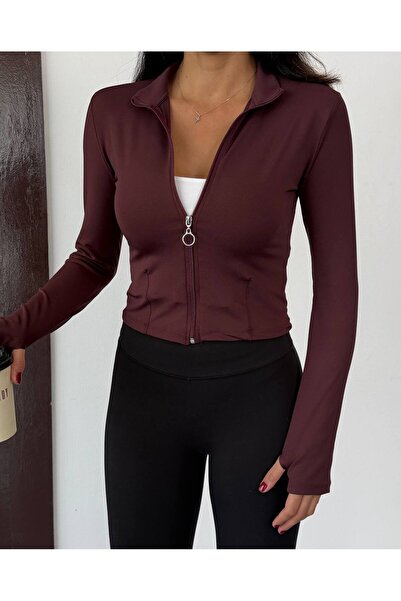 QUTTA Women's Finger-Looped Stand Collar Zippered Diving Fabric Blouse