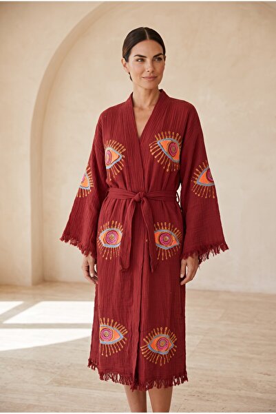 Bohoyasam Women's Muslin Long Kaftan with Evil Eye Motif Bohemian Kimono