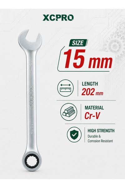 XCPRO مفتاح راتشيت، مفتاح ربط راتشيت، مفتاح CRV - مقاس 15 مم، طول 202 مم، مطل...