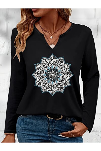 Deocept Mandala Printed Cotton Half V-Neck Long Sleeve Blouse T-Shirt