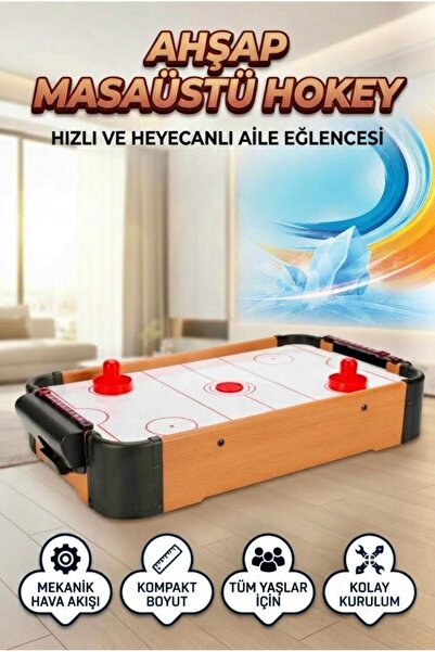 Tıfıl Toys Ahşap Masaüstü Air Hockey 51 cm Hokey Oyunu Mekanik Hava Akışlı Ai...