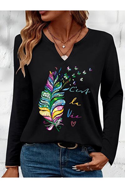 Deocept Mix Printed Cotton Half V-Neck Long Sleeve Blouse T-Shirt