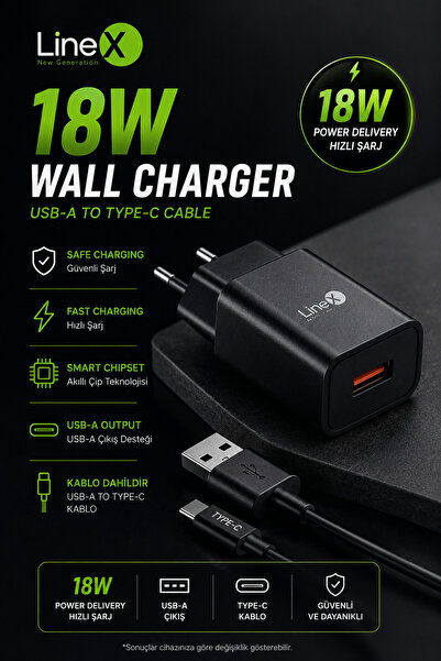 Linex 18W Hızlı Şarj Adaptörü + USB-A to Type-C Kablo – Akıllı Çipli Güvenli ...