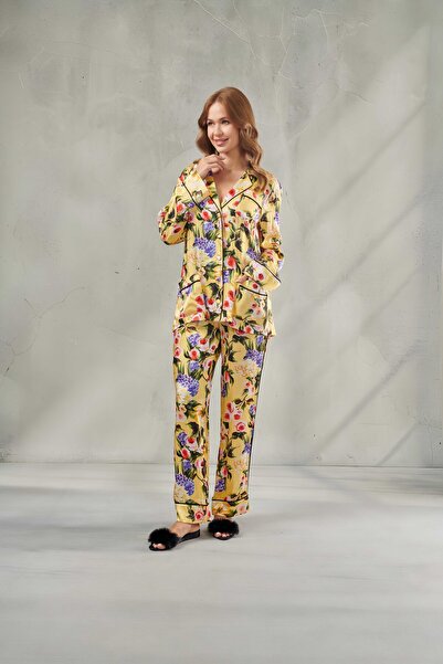 DAWN LİNE Women's Shirted Satin Long Sleeve Pajama Set Verbena & Premium Sati...