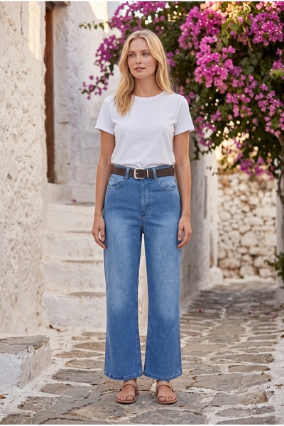 SHEVEGA Women's Belted Blue Embroidered Lycra Wide Leg Denim Jeans