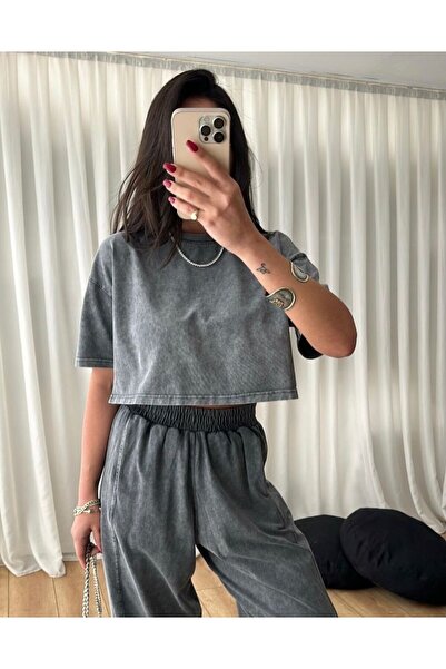 TrendButikBurada Washable Cotton Women's Two-Piece Set Crop T-Shirt and Jogge...