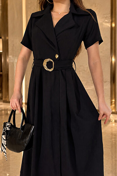 Deafox Black Short Sleeve Double Breasted Collar Button Detail Belted Slit Cr...